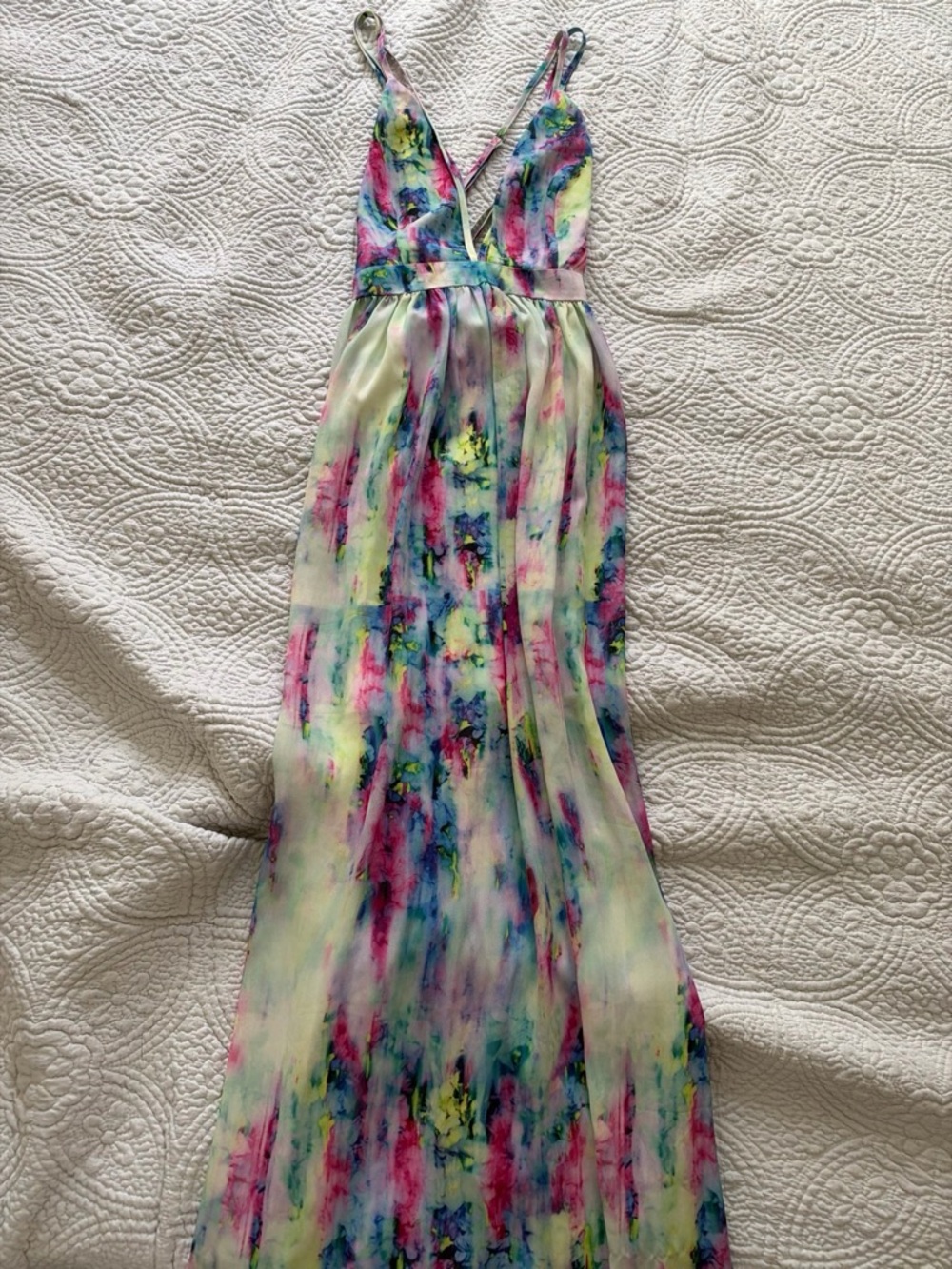 L'ATISTE Watercolor Floral V-Neck Maxi Dress - Pink, Blue, Yellow